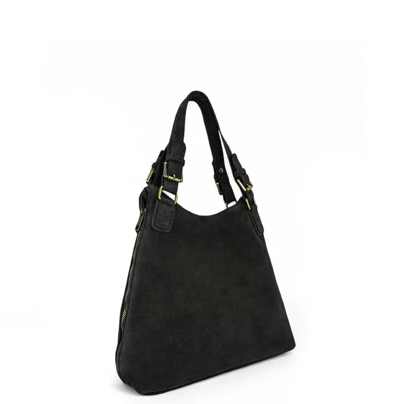 Grand sac hobo en croûte de cuir CAMELIA SUEDE Noir