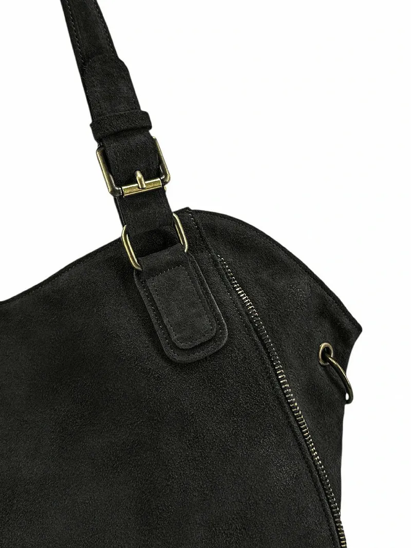 Grand sac hobo en croûte de cuir CAMELIA SUEDE Noir