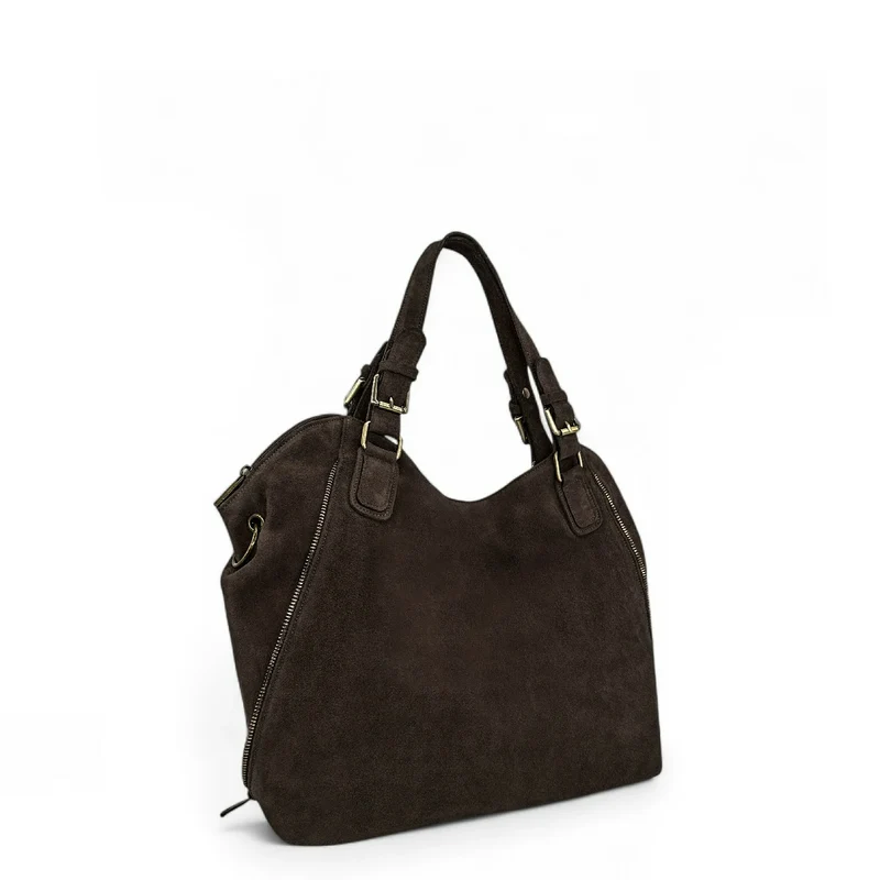 Grand sac hobo en croûte de cuir CAMELIA SUEDE Marron Chocolat