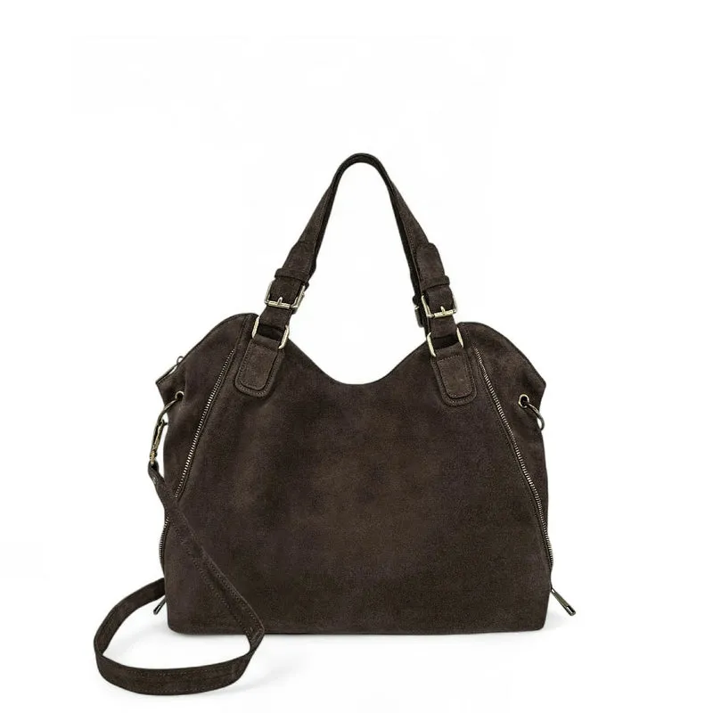 Grand sac hobo en croûte de cuir CAMELIA SUEDE Marron Chocolat