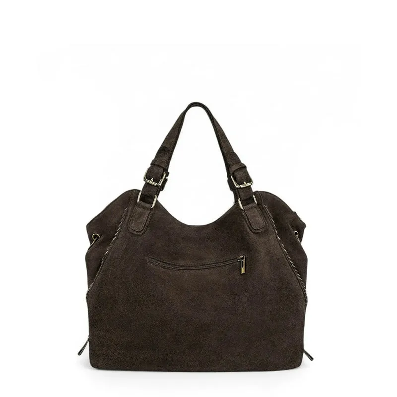 Grand sac hobo en croûte de cuir CAMELIA SUEDE Marron Chocolat