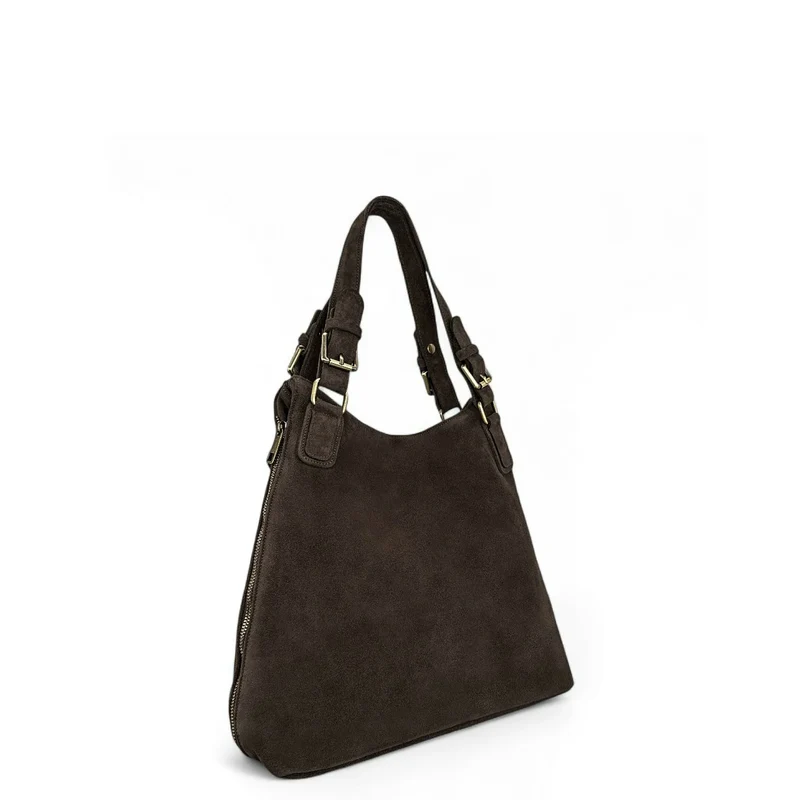 Grand sac hobo en croûte de cuir CAMELIA SUEDE Marron Chocolat