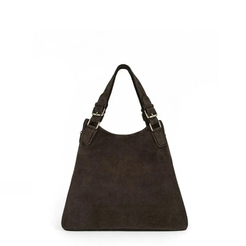 Grand sac hobo en croûte de cuir CAMELIA SUEDE Marron Chocolat