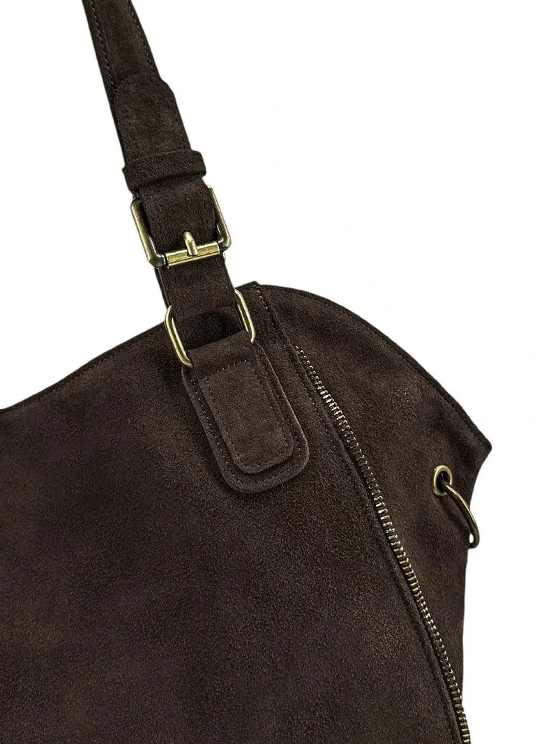 Grand sac hobo en croûte de cuir CAMELIA SUEDE Marron Chocolat