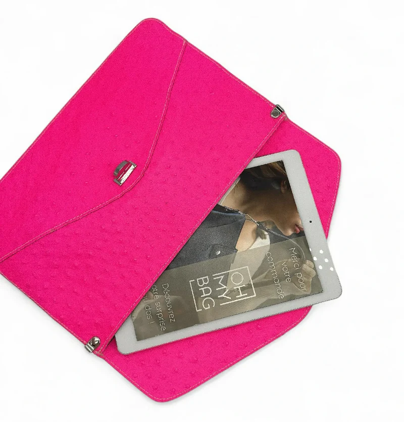 Pochette XL en cuir néon façon autruche IBIZA ROCKS Rose fuchsia