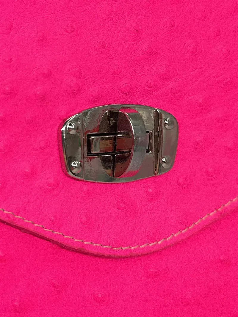 Pochette XL en cuir néon façon autruche IBIZA ROCKS Rose fuchsia