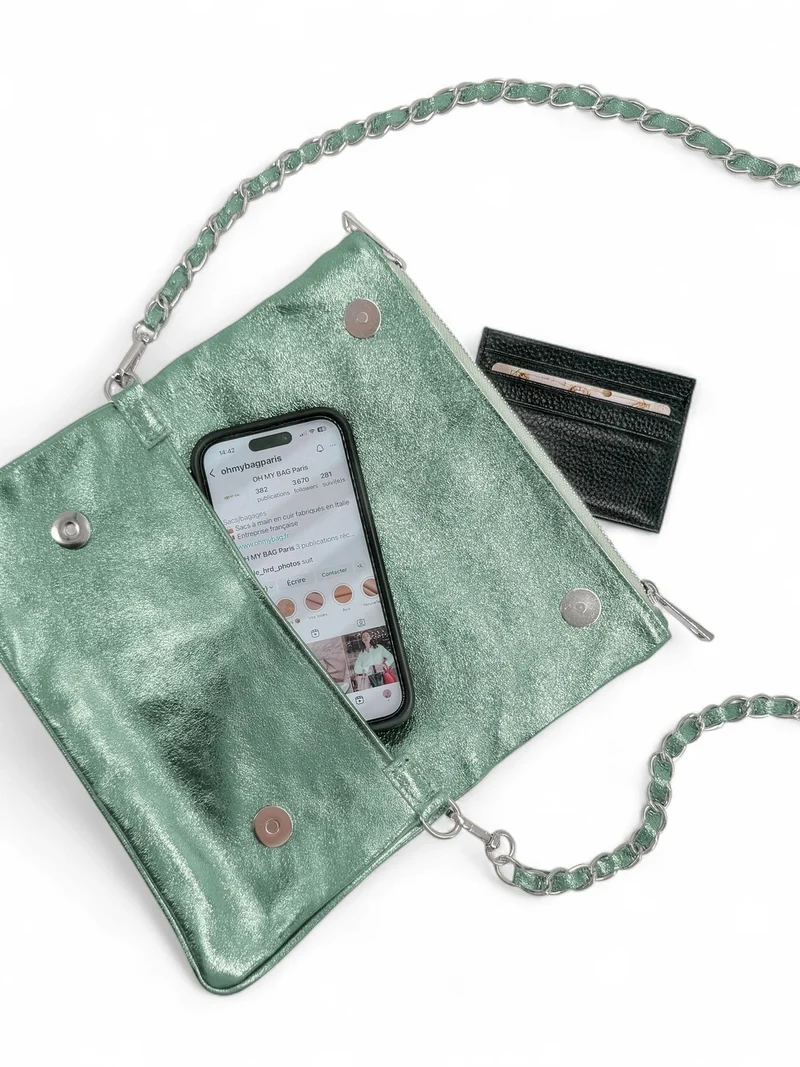 Sac pochette en cuir irisé ROXANE Menthe givrée