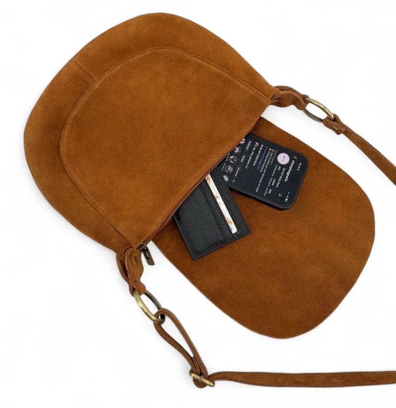 Sac bandoulière en daim LITTLE CITIZEN SUEDE Marron camel foncé