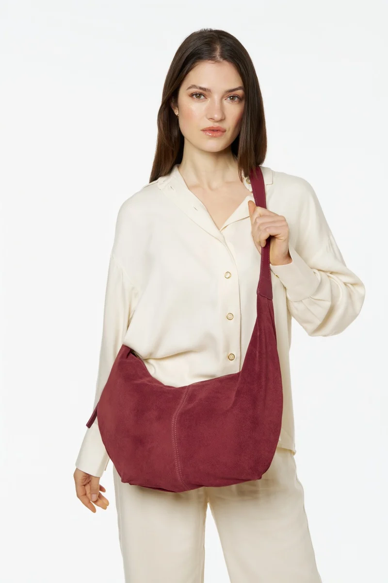 Besace demi-lune en daim HERMIONE Rouge Bordeaux
