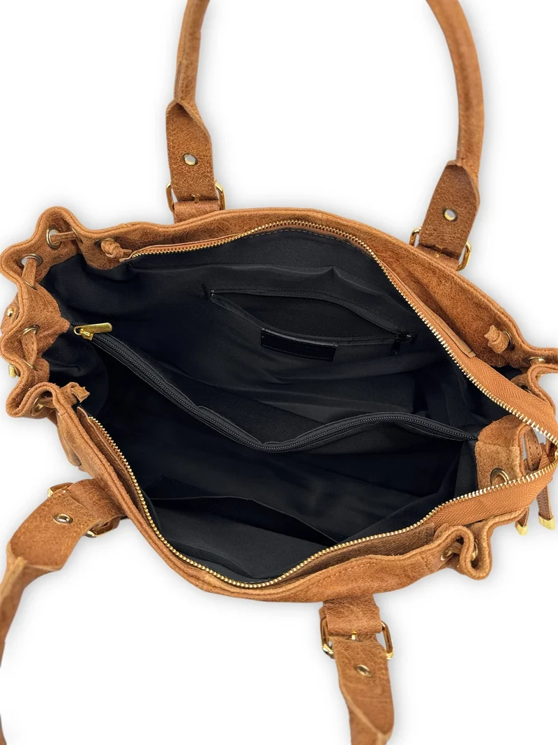Sac bowling en cuir brossé PRINCESSE BROSSEE XL Marron camel
