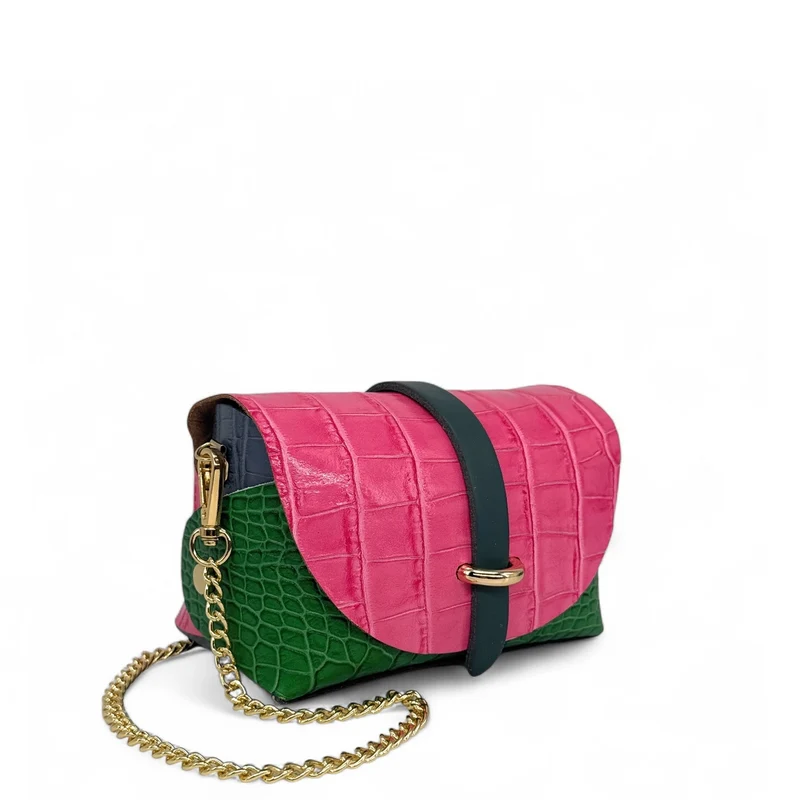 Mini sac à main en cuir à motif façon croco CANDY CRUSH Rose fuchsia et Vert anglais