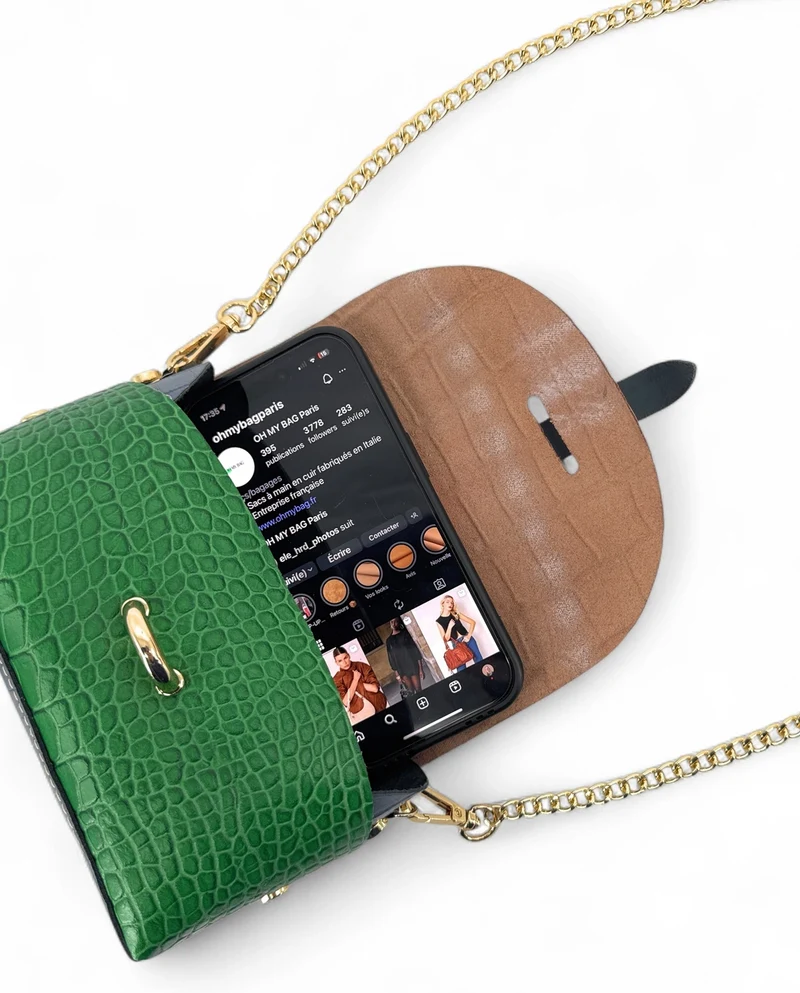 Mini sac à main en cuir à motif façon croco CANDY CRUSH Rose fuchsia et Vert anglais