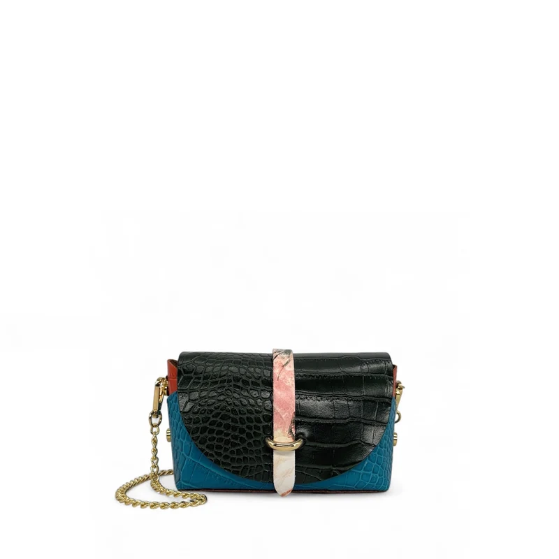 Mini sac à main en cuir à motif façon croco CANDY CRUSH Noir et Bleu