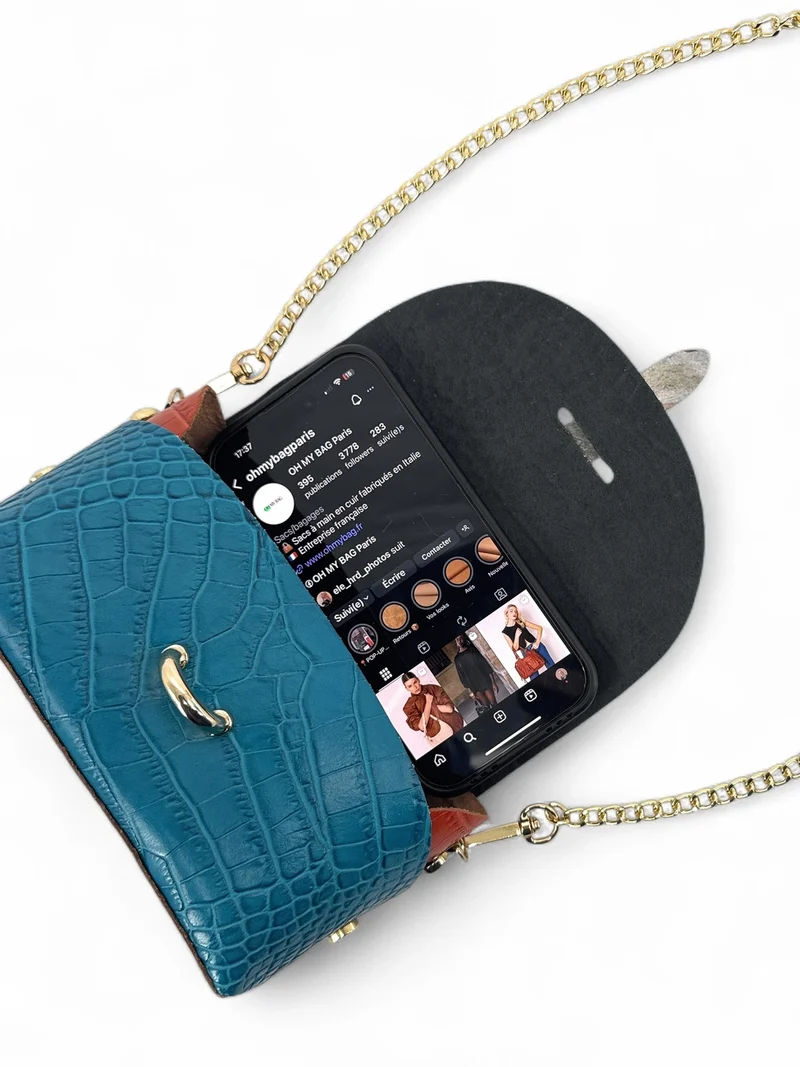 Mini sac à main en cuir à motif façon croco CANDY CRUSH Noir et Bleu