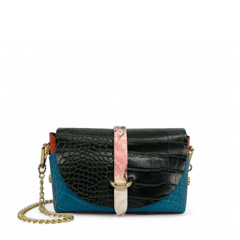 Mini sac à main en cuir à motif façon croco CANDY CRUSH Noir et Bleu