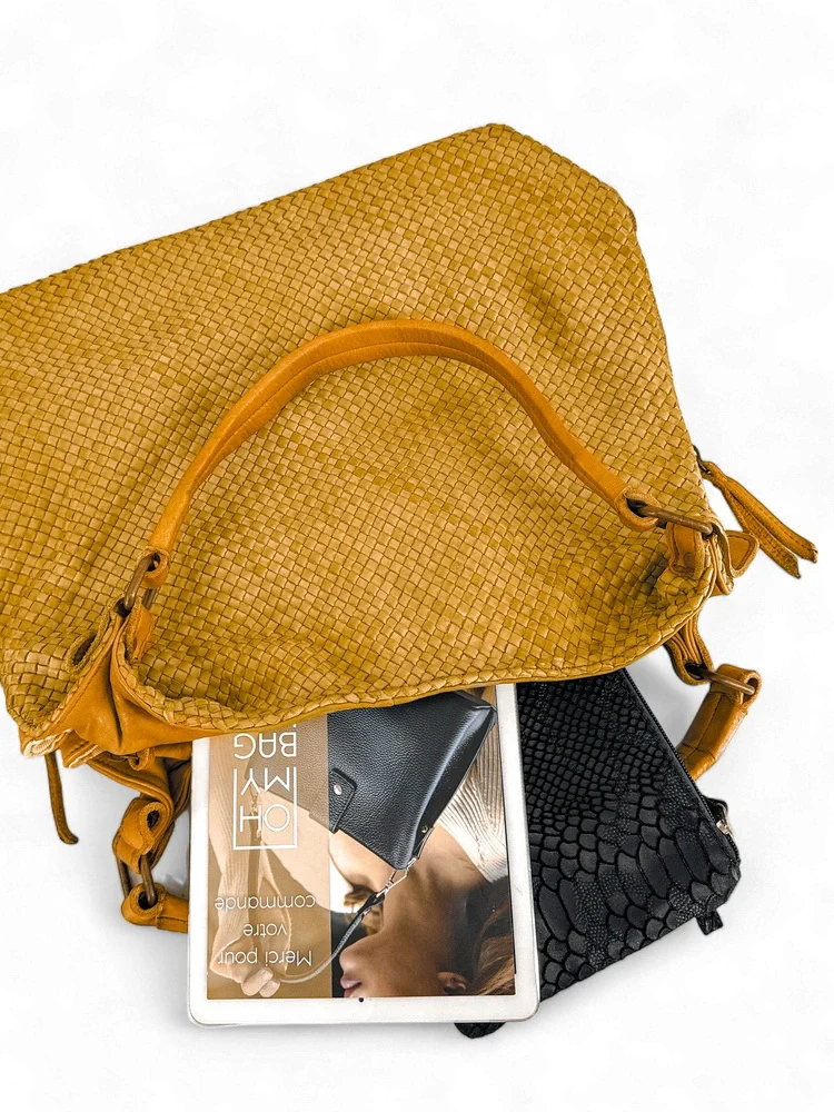 Sac à main en cuir vintage tressé BRISBANE Jaune tournesol