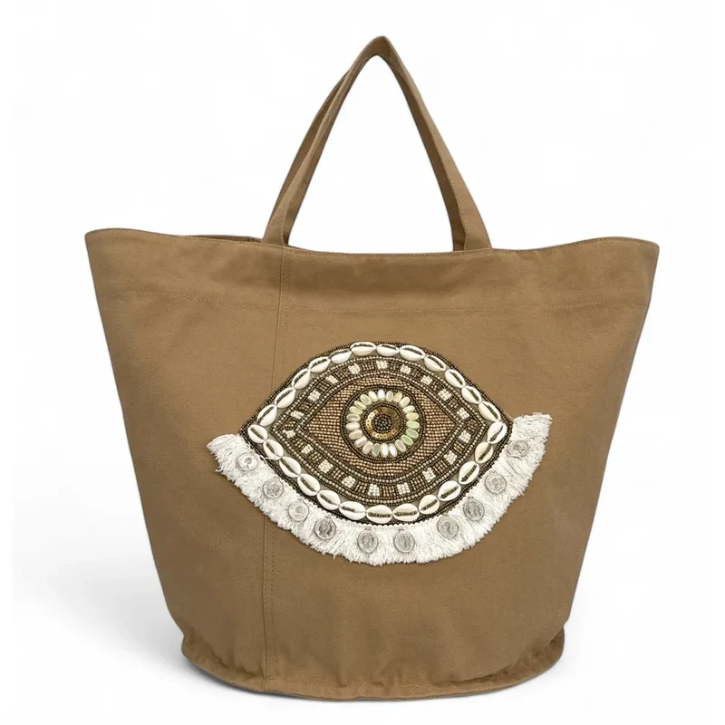 Grand sac en coton et perles I SEA YOU Taupe