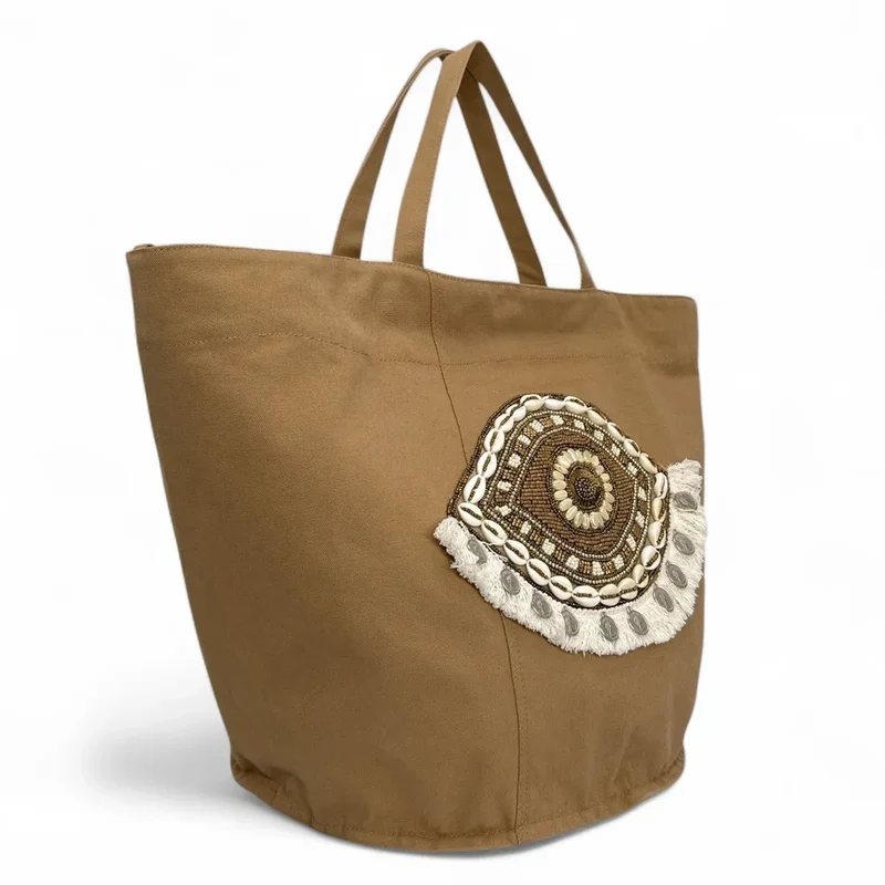 Grand sac en coton et perles I SEA YOU Taupe
