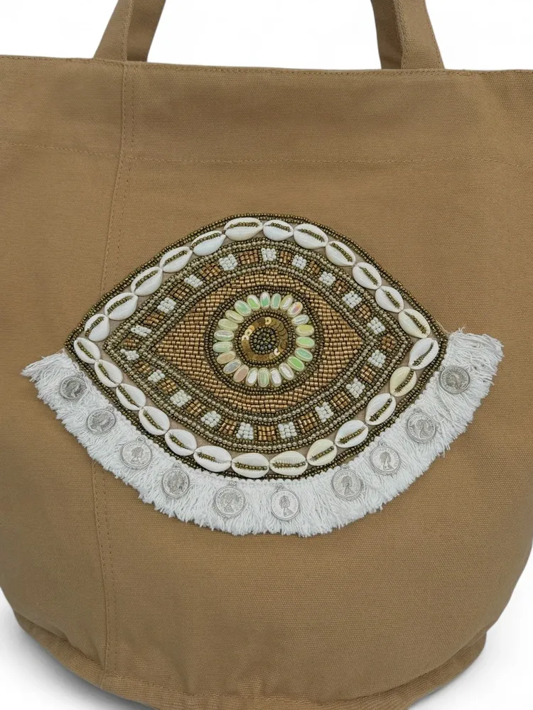 Grand sac en coton et perles I SEA YOU Taupe