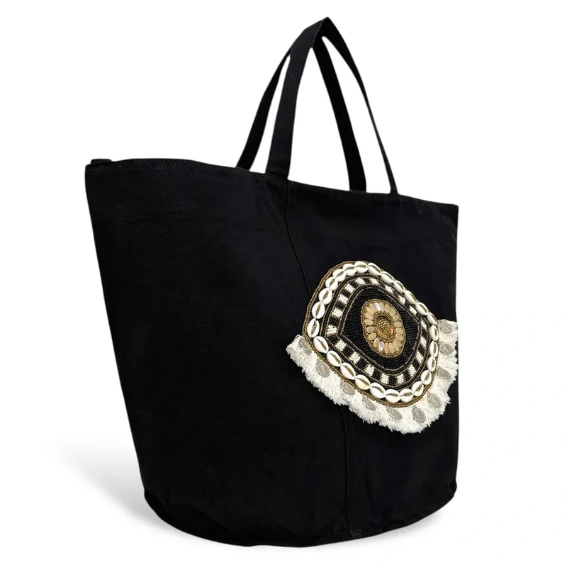 Grand sac en coton et perles I SEA YOU Noir
