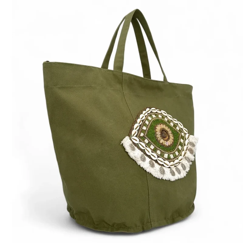 Grand sac en coton et perles I SEA YOU Kaki