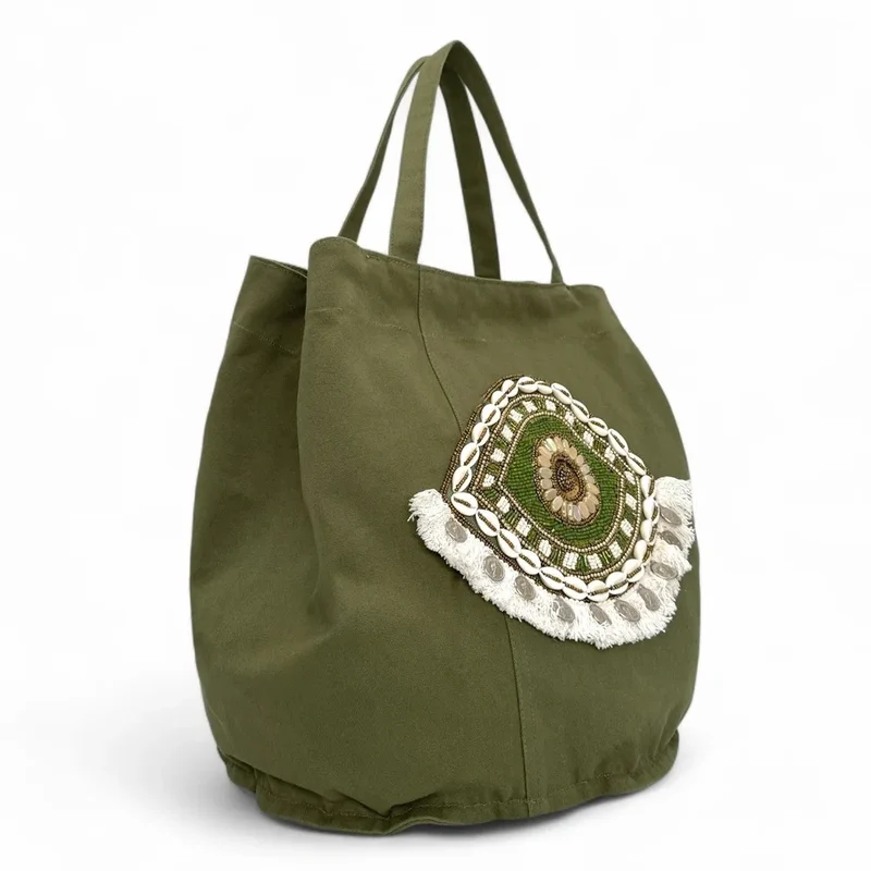 Grand sac en coton et perles I SEA YOU Kaki