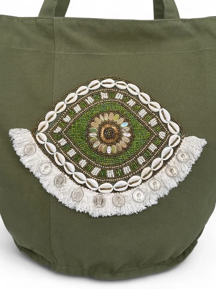 Grand sac en coton et perles I SEA YOU Kaki