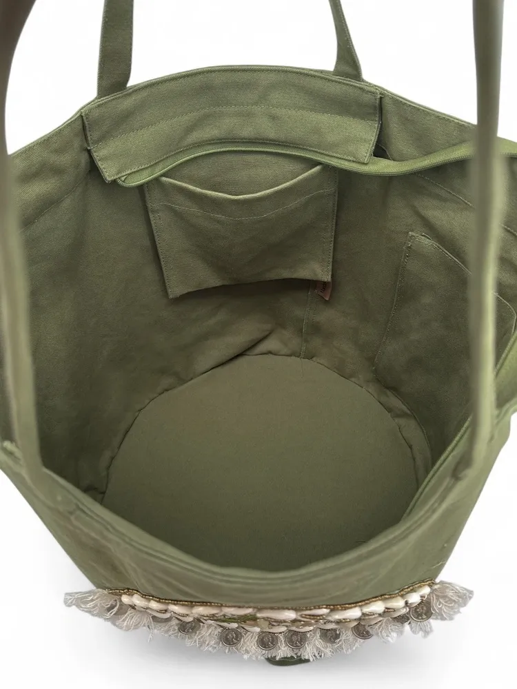 Grand sac en coton et perles I SEA YOU Kaki