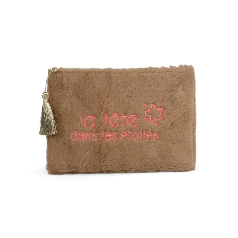 Trousse pochette en fausse fourrure FLUFFY STAR Taupe