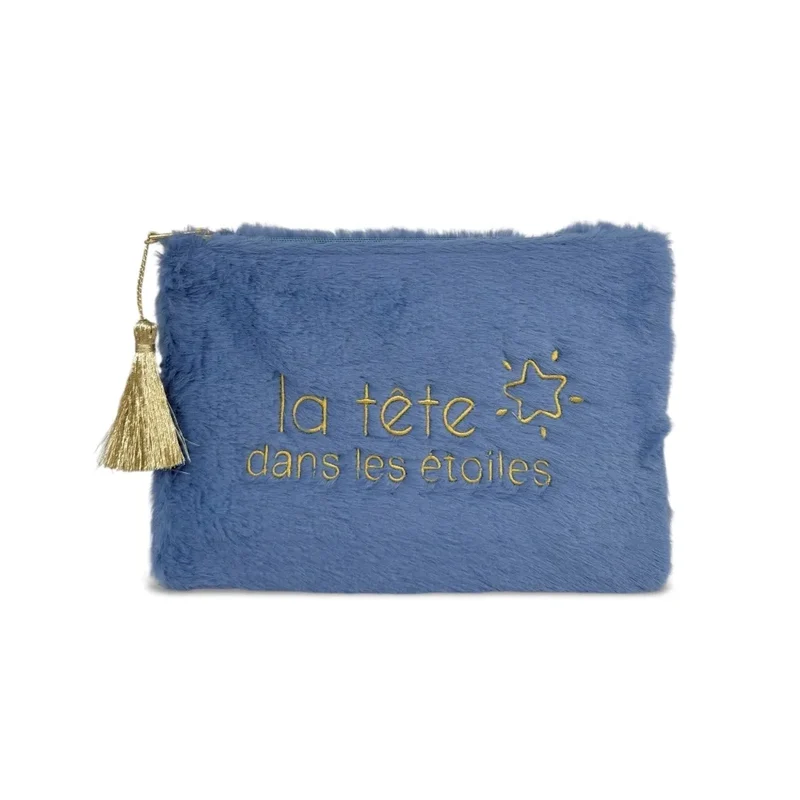 Trousse pochette en fausse fourrure FLUFFY STAR Bleu denim