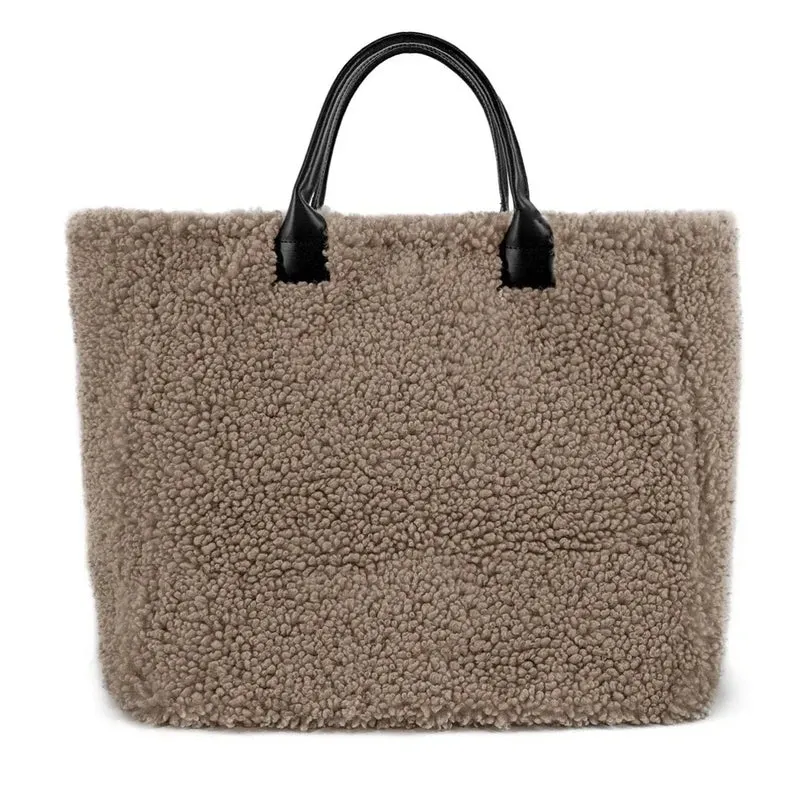 Sac cabas en cuir et peluche GRAND PILOU Taupe foncé