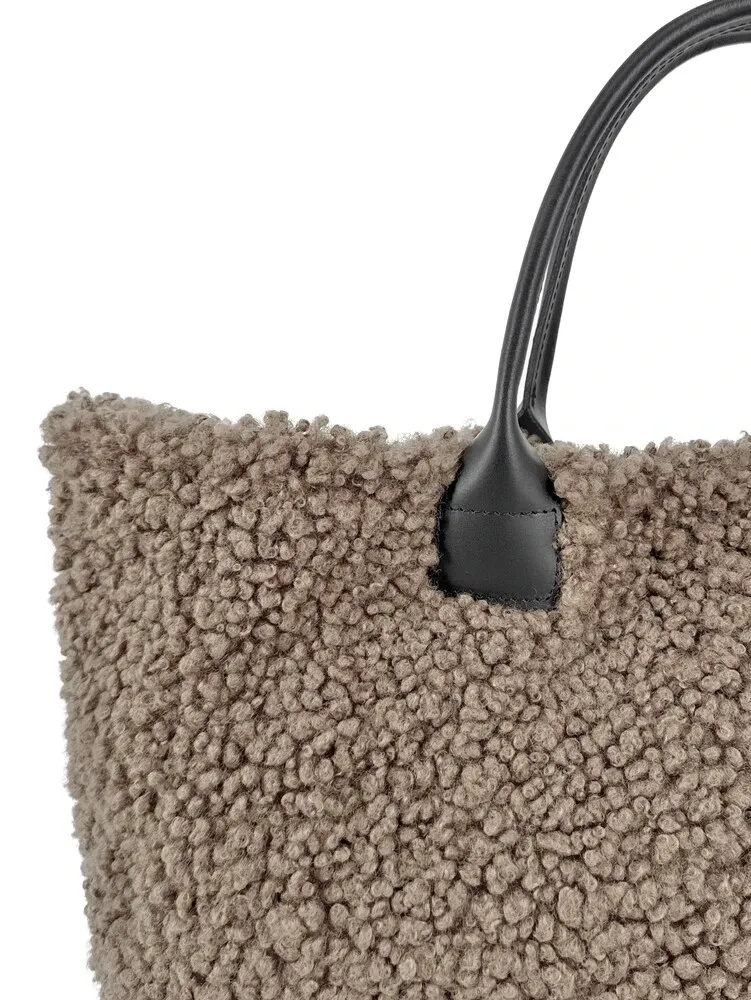 Sac cabas en cuir et peluche GRAND PILOU Taupe foncé