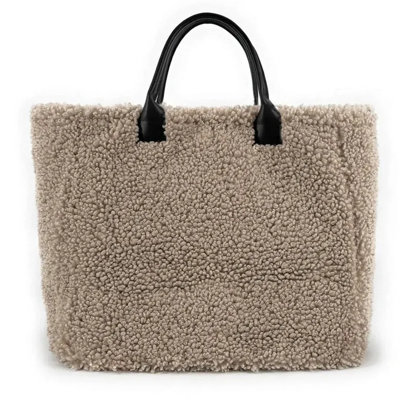 Sac cabas en cuir et peluche GRAND PILOU Taupe