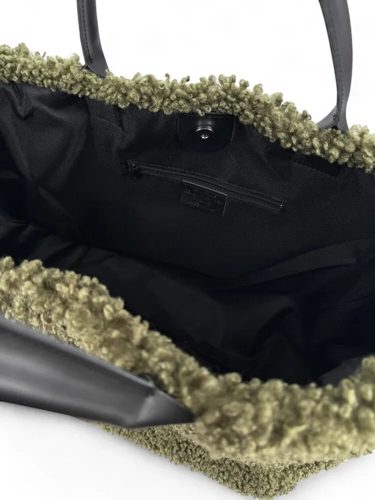 Sac cabas en cuir et peluche GRAND PILOU Kaki