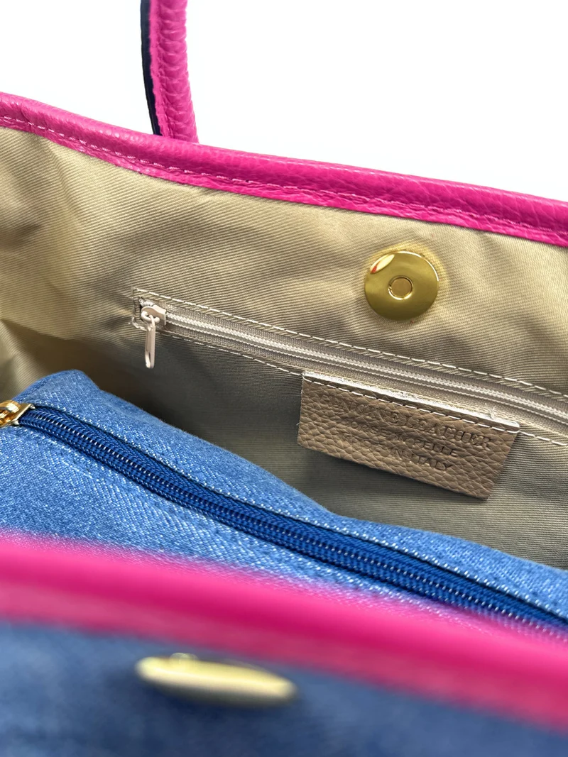 Sac à main bowling en cuir et toile SAMBO Rose fuchsia