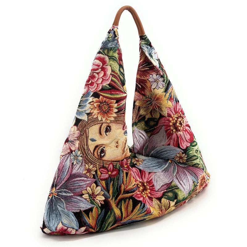 Grand sac hobo en coton tissé et cuir CARMEN Multicolore 2