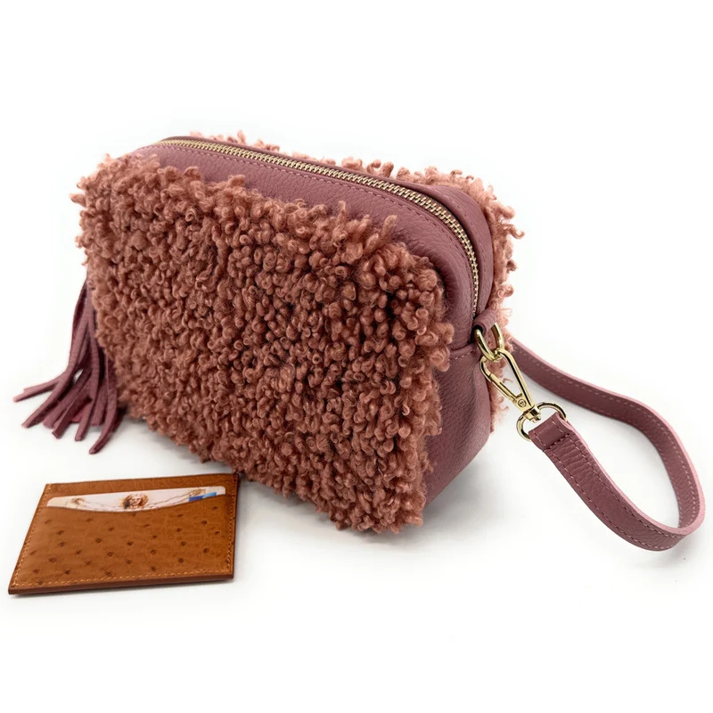 Sac trotteur en cuir et peluche SEVILLE PILOU Rose poudre