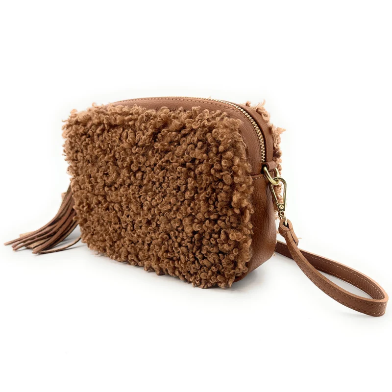 Sac trotteur en cuir et peluche SEVILLE PILOU Camel foncé