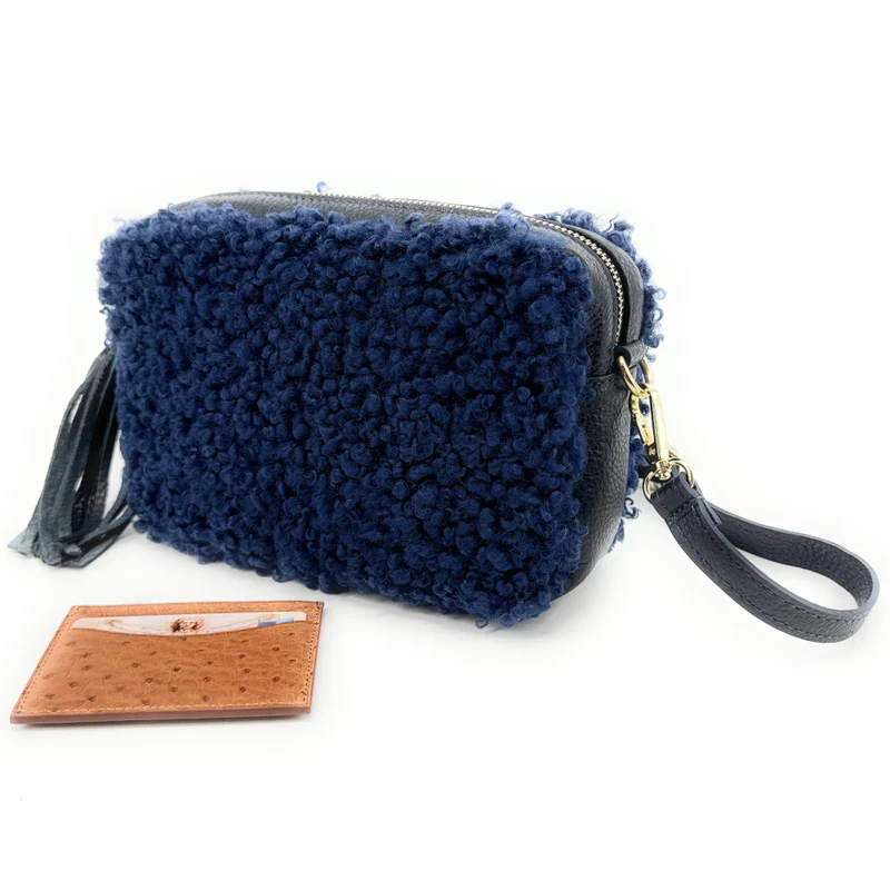 Sac trotteur en cuir et peluche SEVILLE PILOU Bleu profond