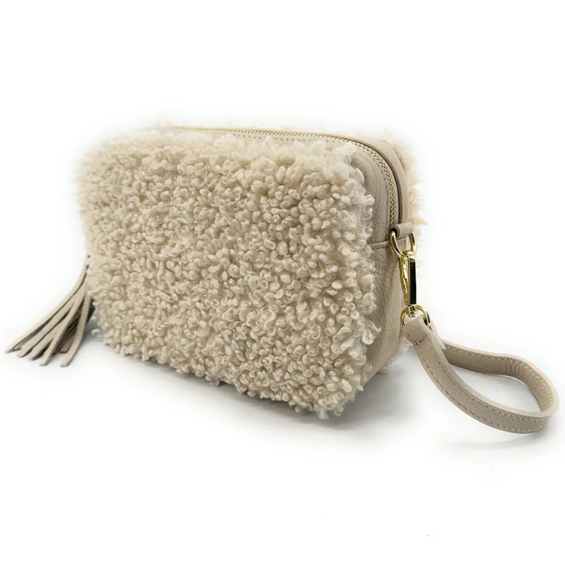 Sac trotteur en cuir et peluche SEVILLE PILOU Beige crème