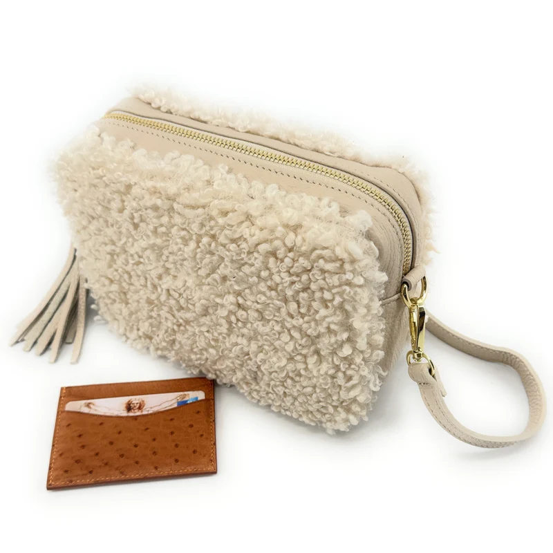 Sac trotteur en cuir et peluche SEVILLE PILOU Beige crème