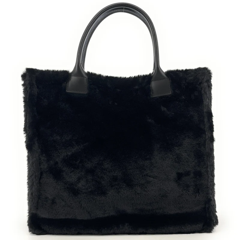 Sac cabas en fausse fourrure et cuir PILLOW Noir