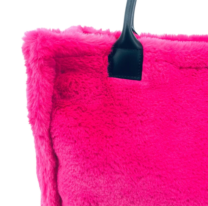 Sac cabas en fausse fourrure et cuir PILLOW Rose fuchsia