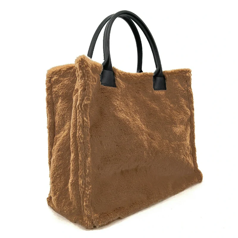Sac cabas en fausse fourrure et cuir PILLOW Camel foncé