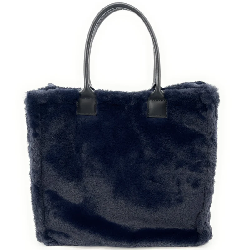 Sac cabas en fausse fourrure et cuir PILLOW Bleu marine