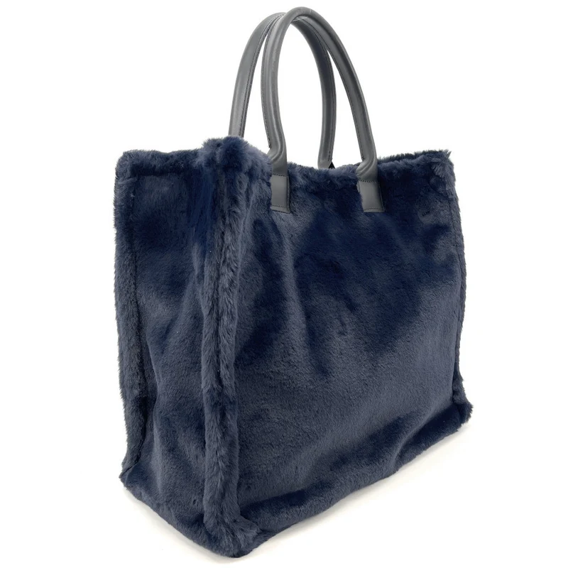 Sac cabas en fausse fourrure et cuir PILLOW Bleu marine