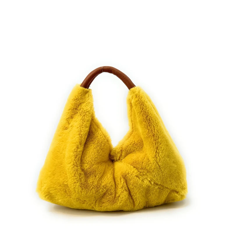Sac hobo en fausse fourrure et cuir LITTLE FLUFFY Jaune tournesol