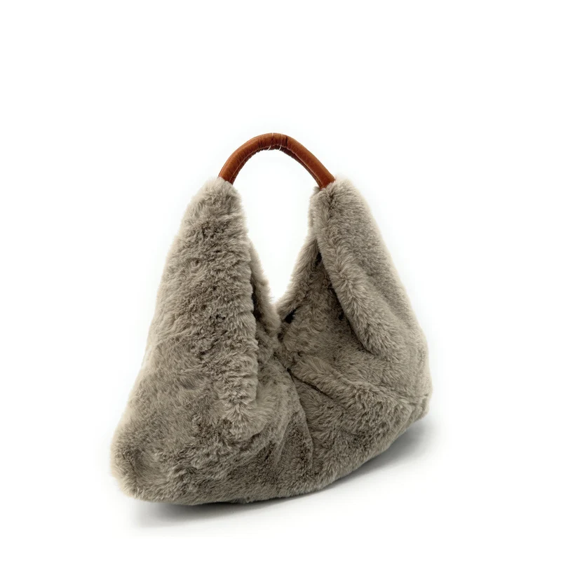 Sac hobo en fausse fourrure et cuir LITTLE FLUFFY Gris taupe clair