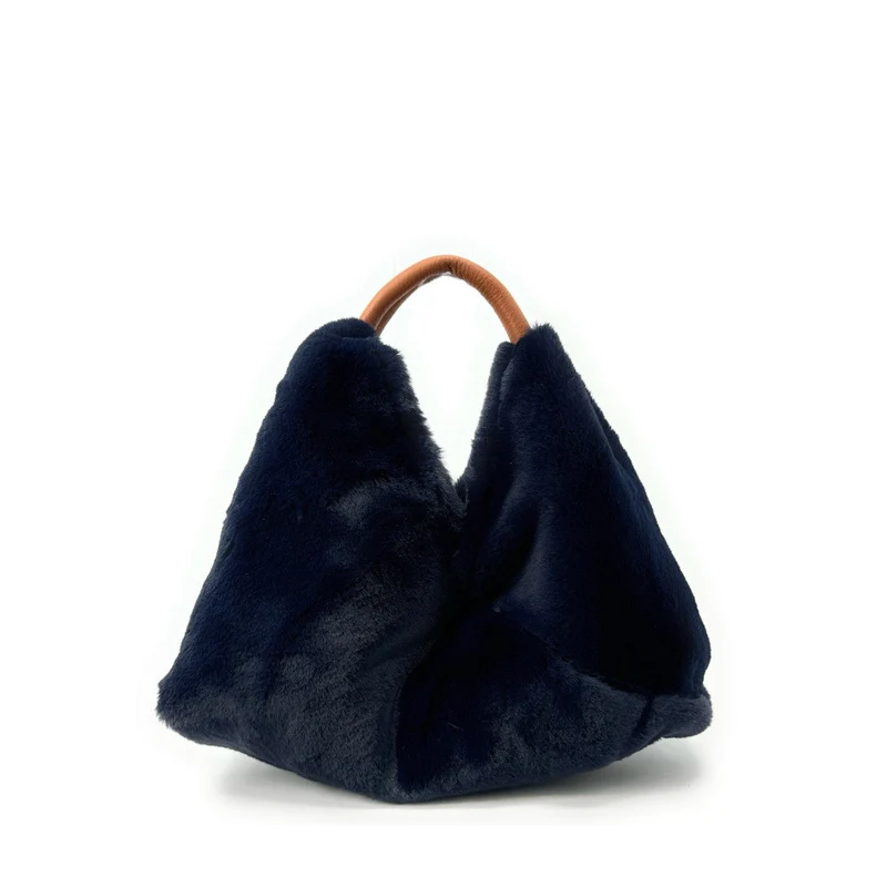 Sac hobo en fausse fourrure et cuir LITTLE FLUFFY Bleu marine