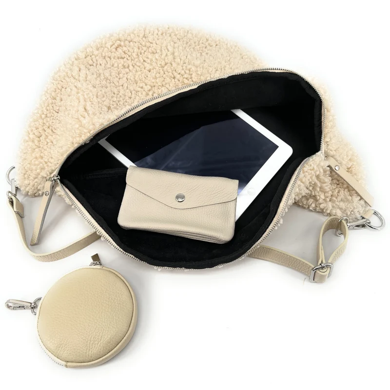 Sac banane géant en cuir et peluche LOU PILOU XXL Beige crème